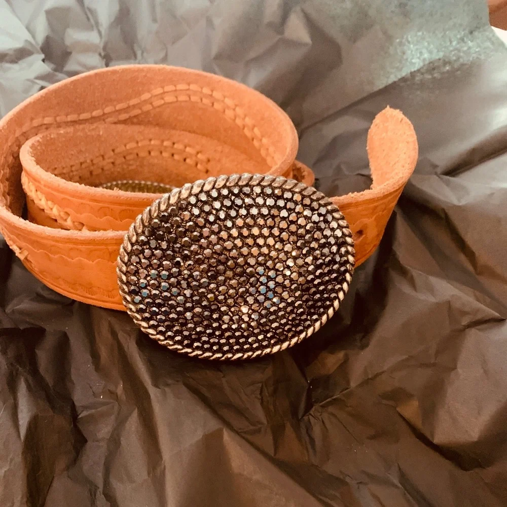 Women’s Crystal Oval Buckle Leather Belt in Orange